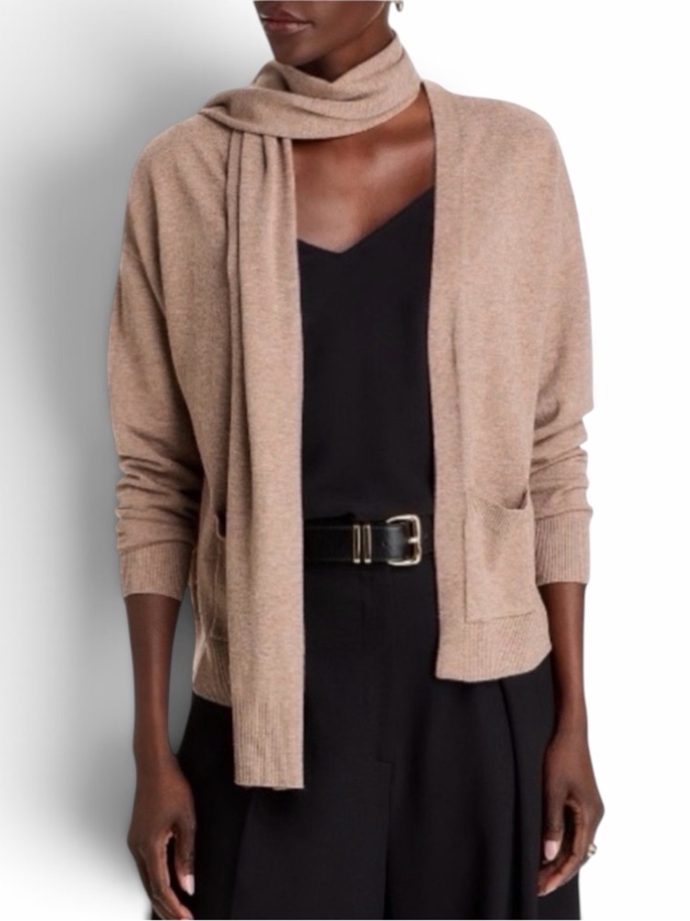 Sioni Heather Tan Long Sleeve Open Cardigan Knit Sweater & Scarf Set Size Large